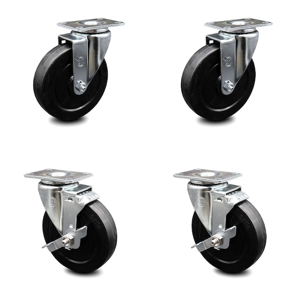 5 Inch Soft Rubber Wheel Swivel Top Plate Caster Set with 2 Brakes SCC